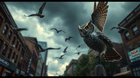 A captivating street photograph, rendered in Pixar style, captures an intense and dramatic scene. A blind owl, seemingly obli