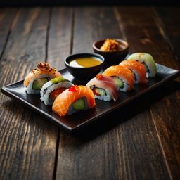 A visually appealing image of a perfectly arranged sushi plate, complete with complementary dipping sauces, artfully placed o