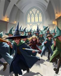 Experience a dynamic digital sketch depicting a magical school brimming with young wizards in motion. The artwork utilizes lo