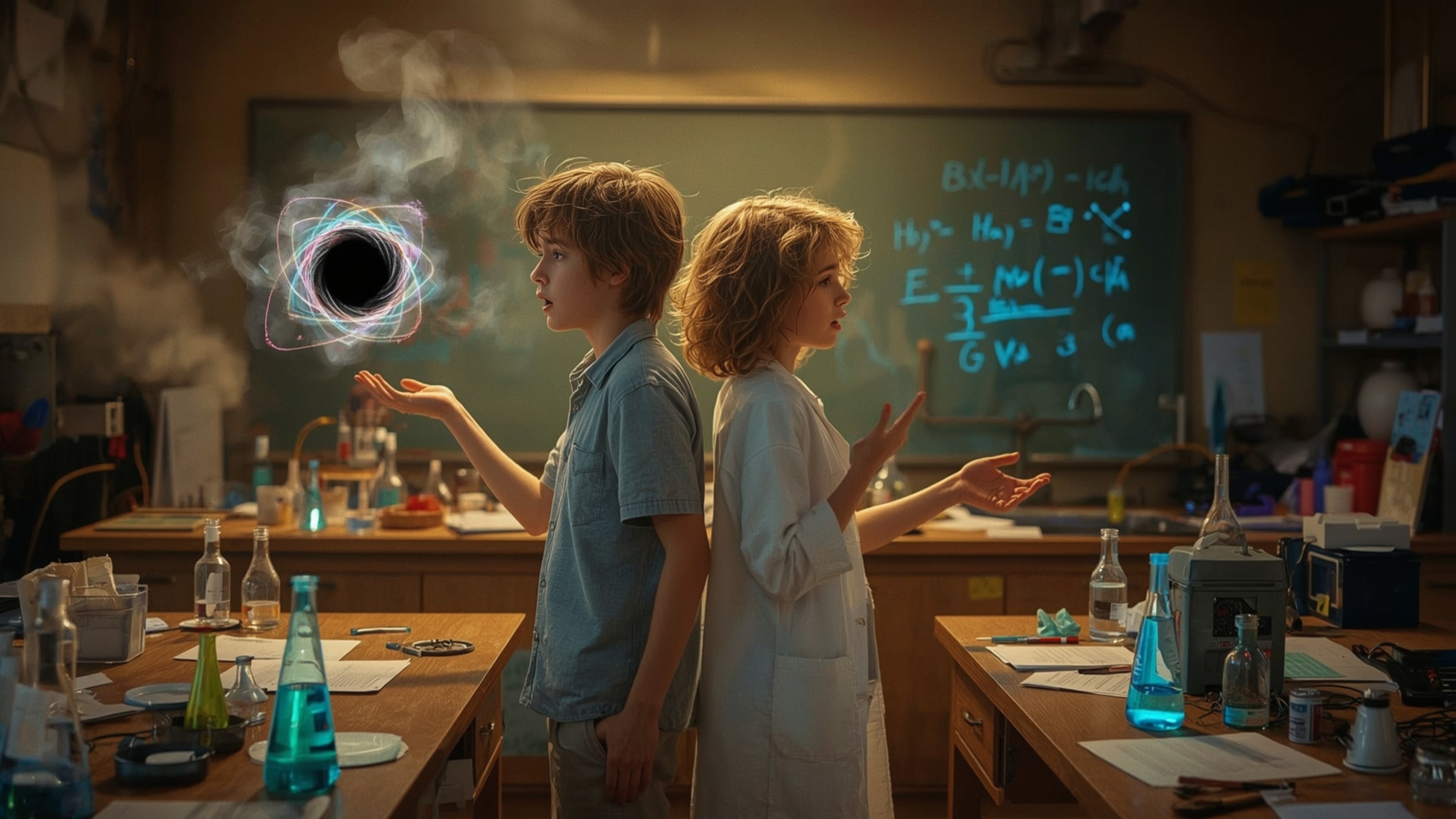 A vibrant, cinematic photograph captures two diverse, young science fair partners, a boy with messy brown hair and a girl wit