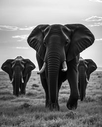 This is a stunning black and white photograph depicting a modern, grand, and epic scene of elephants walking across a field a