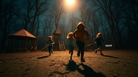 Immerse yourself in an eerie and creepy atmosphere with a dramatic slow-motion run through a playground. Experience electric 