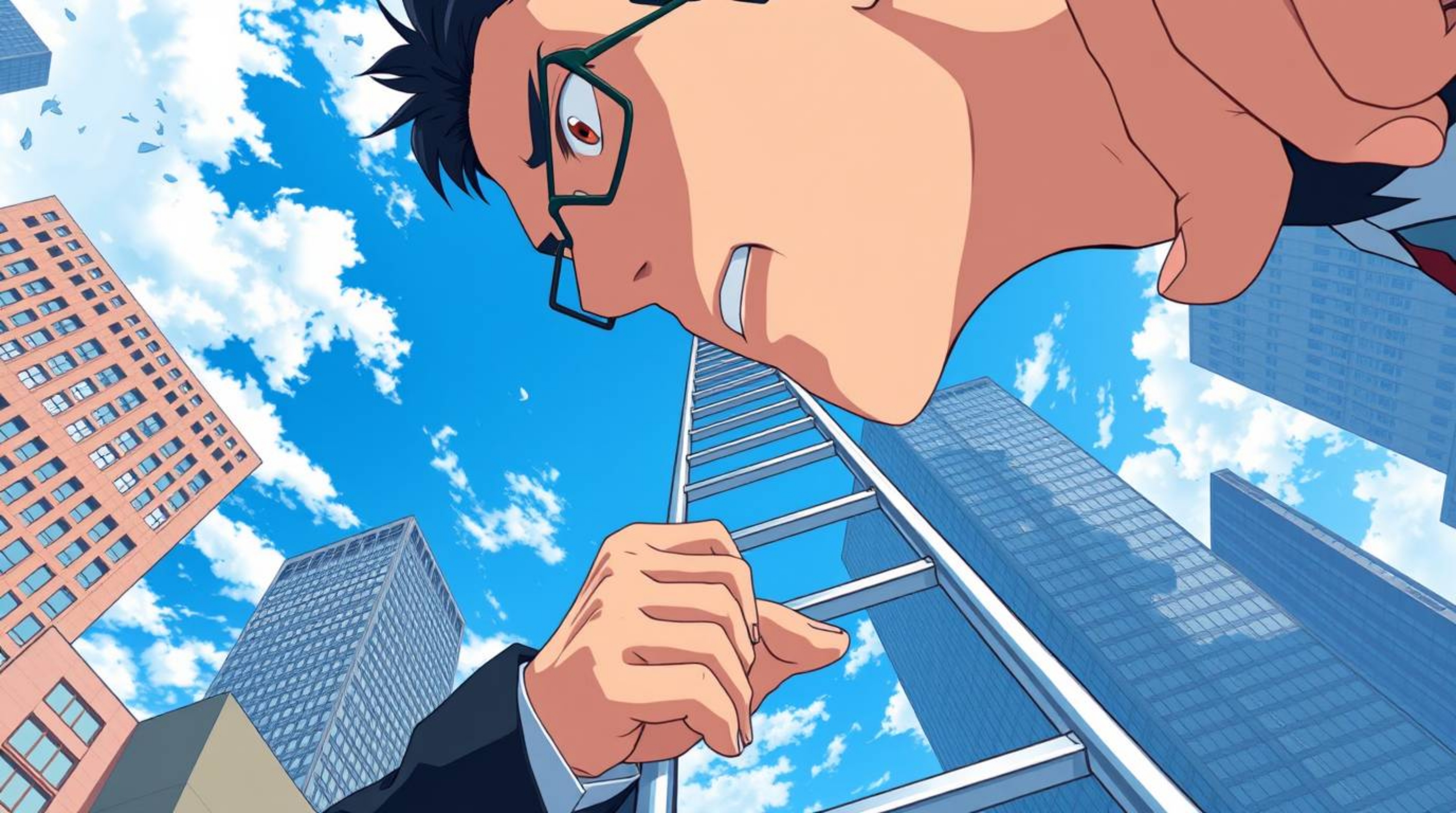 A striking isekai anime-style close-up depicts a determined businessperson ascending a transparent ladder that disappears int