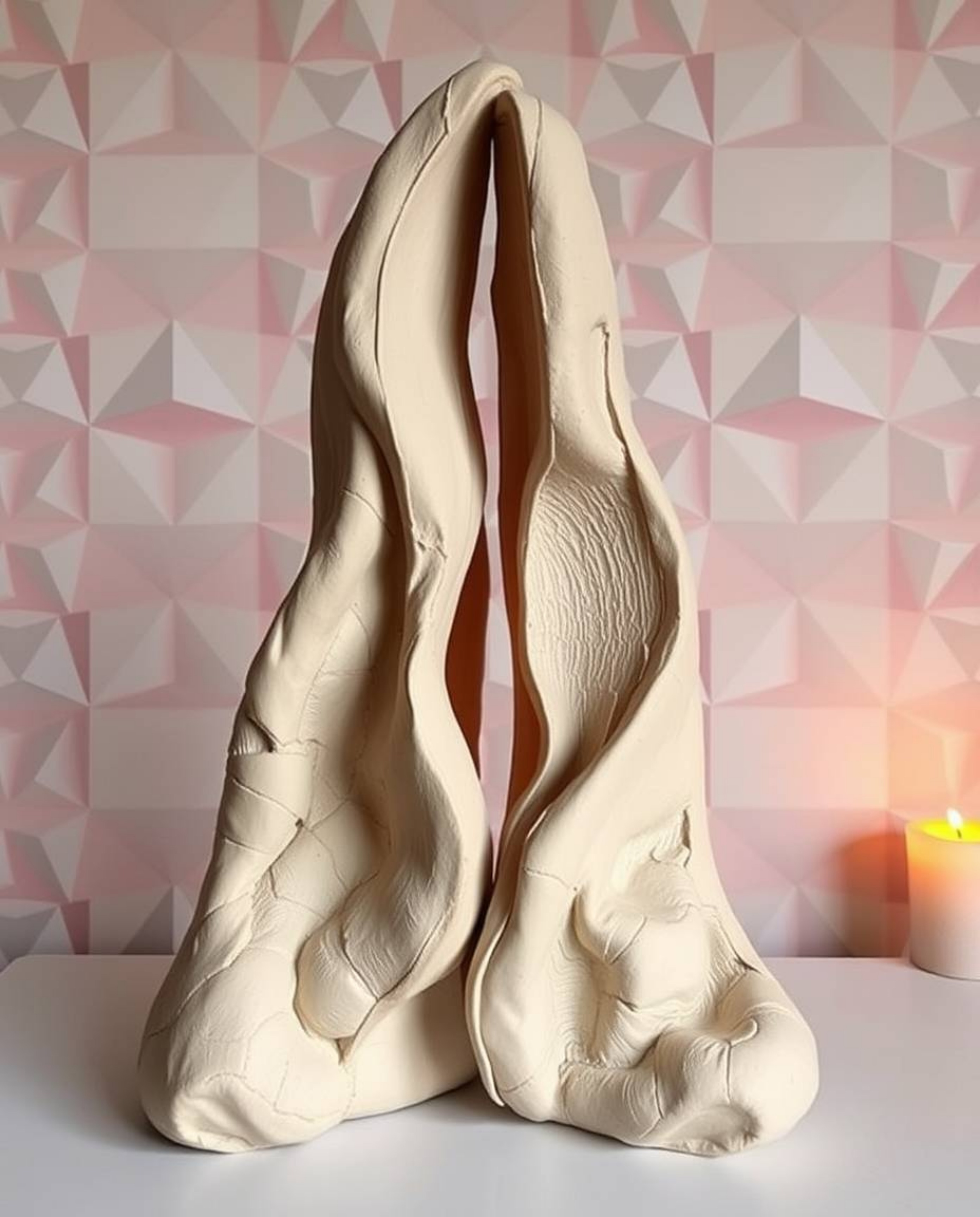 Discover stunning sculptural clay art featuring distinct split sections and bold areas.  The pieces are complemented by a geo