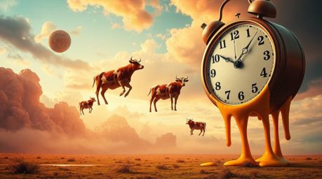 Download this high-resolution stock photo featuring a surreal dreamscape with melting clocks and floating cows. The image boa
