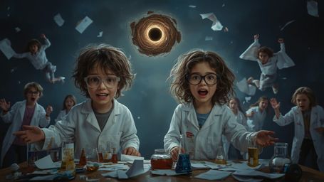 A highly dramatic, cinematic, and humorous photograph, in a style reminiscent of Pixar, depicts two excited, messy-haired sci