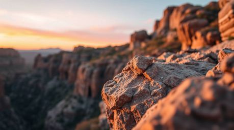 Experience the breathtaking beauty of a rocky canyon bathed in the warm hues of a setting sun.  Autumn colors paint the lands