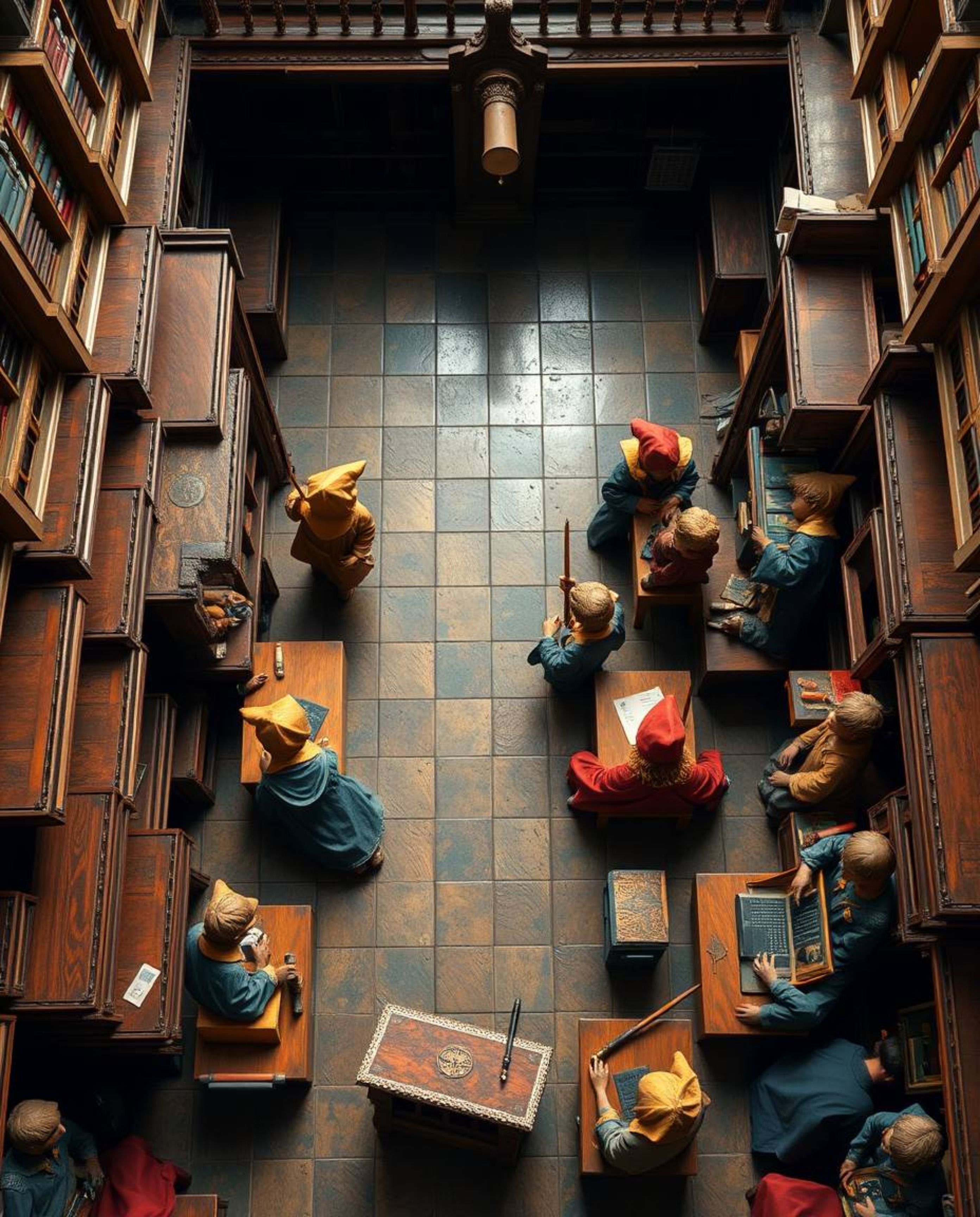Discover a breathtaking overhead view of a magical school populated by young bronze wizards. This detailed artwork showcases 