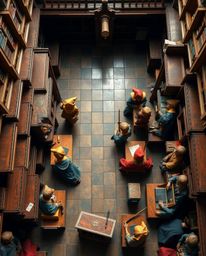 Discover a breathtaking overhead view of a magical school populated by young bronze wizards. This detailed artwork showcases 