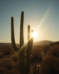 A distinct split scene creates an ethereal and spiritual vision of a desert cactus glowing in the setting sun. This piece evo
