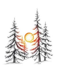 A high-contrast, low-key hand-drawn sketch of sunset light sparkling on snowy pine trees. The style uses rough lines, texture