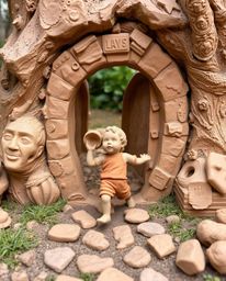Discover a captivating piece of sculptural clay art depicting a child dynamically exploring a magical portal in their backyar