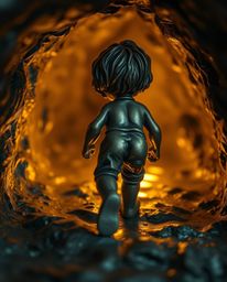 This extreme macro close-up captures a cast bronze sculpture of a child venturing into a cave, guided by glowing footsteps.  