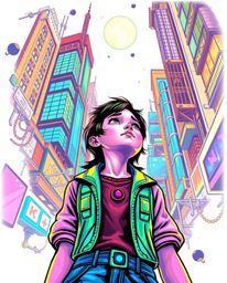 Explore a captivating blend of futuristic and traditional artistry in this vibrant print. A young inventor girl gazes upwards
