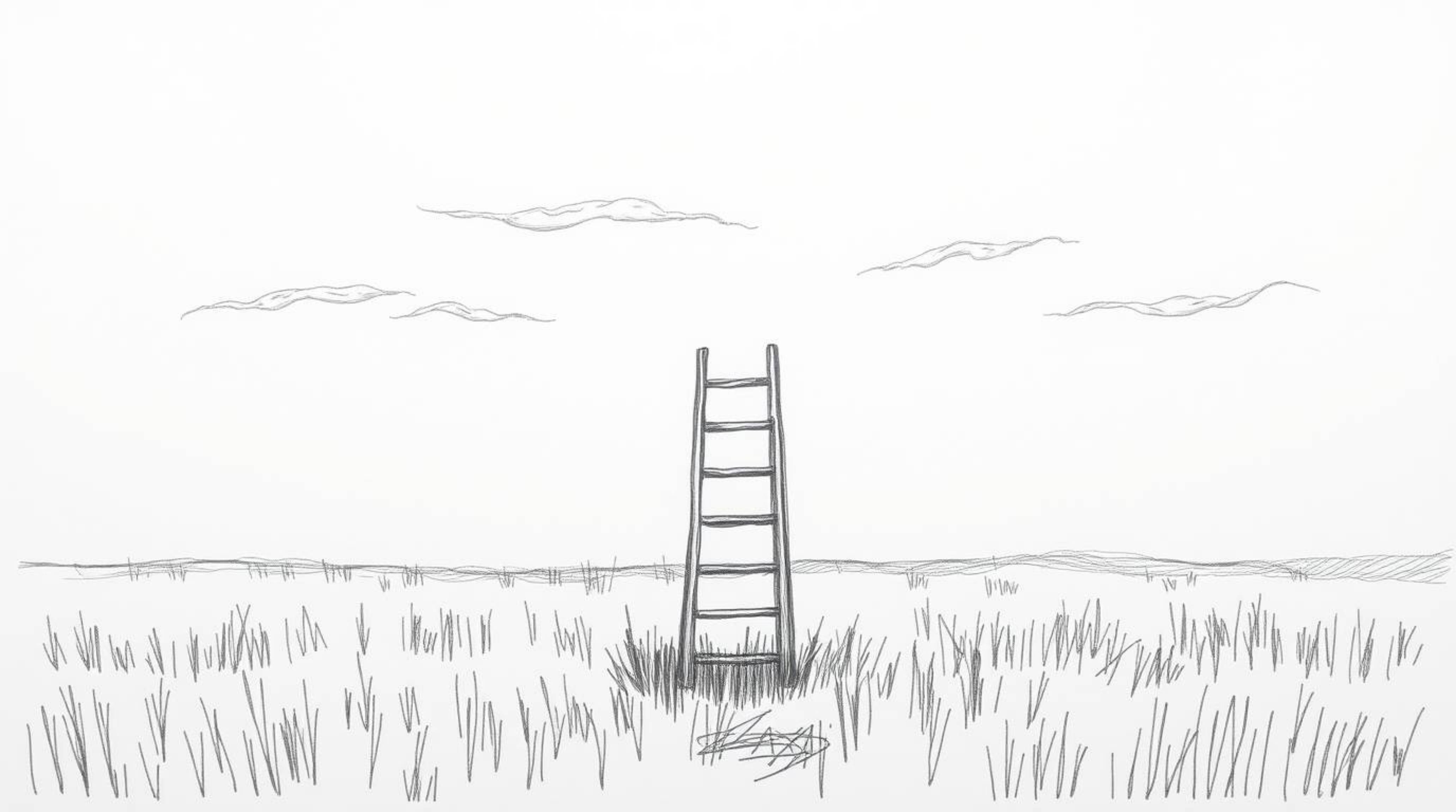 A minimalist hand-drawn sketch depicts a silver ladder standing in an open field beneath a cloudy sky, creating an eerie and 
