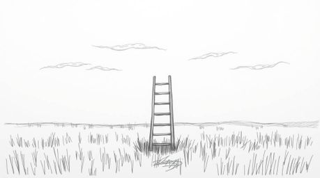 A minimalist hand-drawn sketch depicts a silver ladder standing in an open field beneath a cloudy sky, creating an eerie and 
