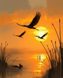 A digital sketch in a painterly style, depicting a Golden hour wetlands scene with herons in flight. This piece, created in a