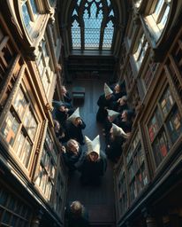 Experience a captivating high-angle view of a magical school brimming with young wizards.  Iridescent reflections dance acros
