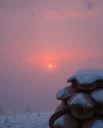 A unique art piece depicts snowflakes falling during a vibrant sunset, crafted with a layered papier-mâché texture and distin
