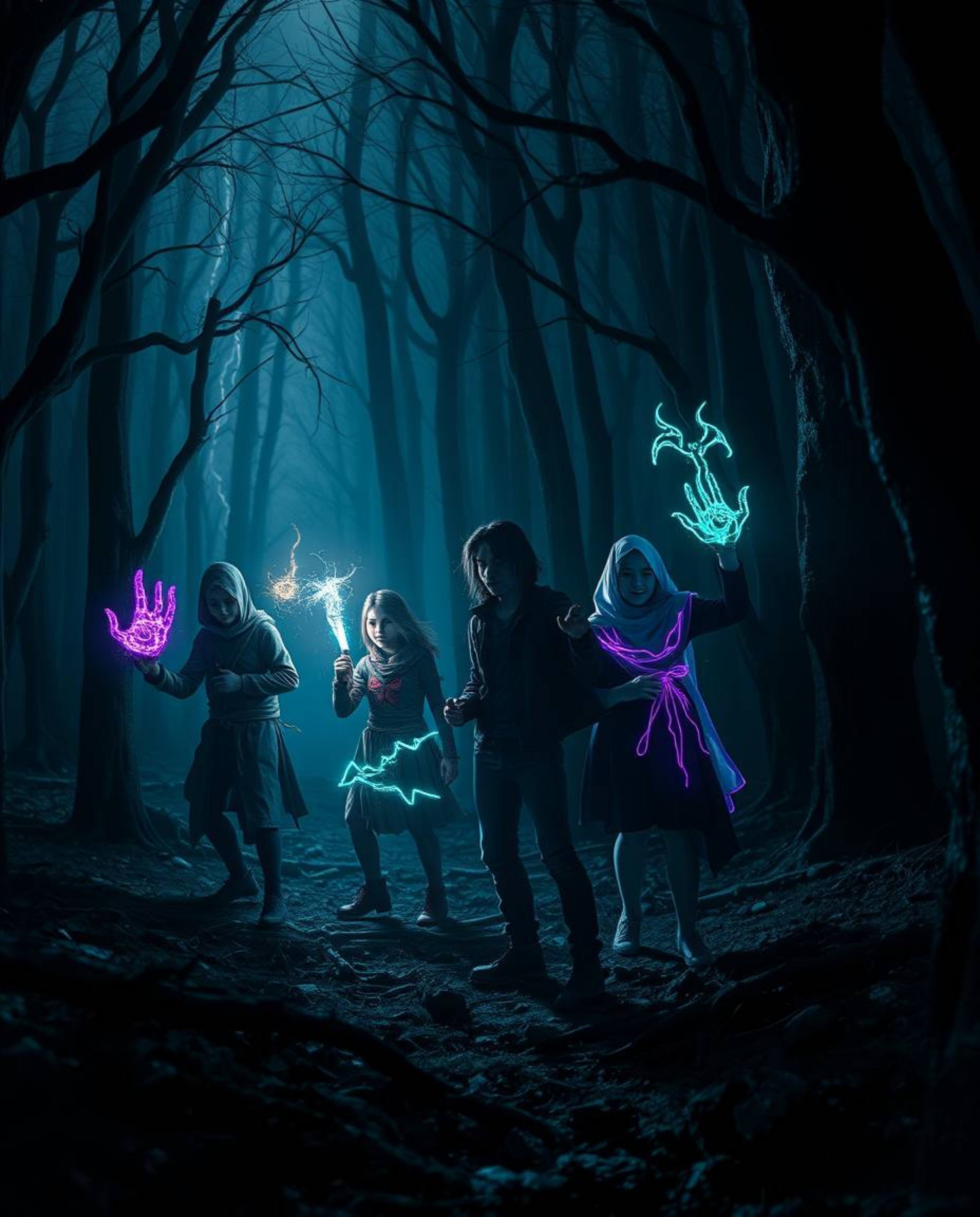Immerse yourself in a captivating creative light art piece depicting a group of friends possessing unique powers as they navi