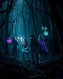 Immerse yourself in a captivating creative light art piece depicting a group of friends possessing unique powers as they navi