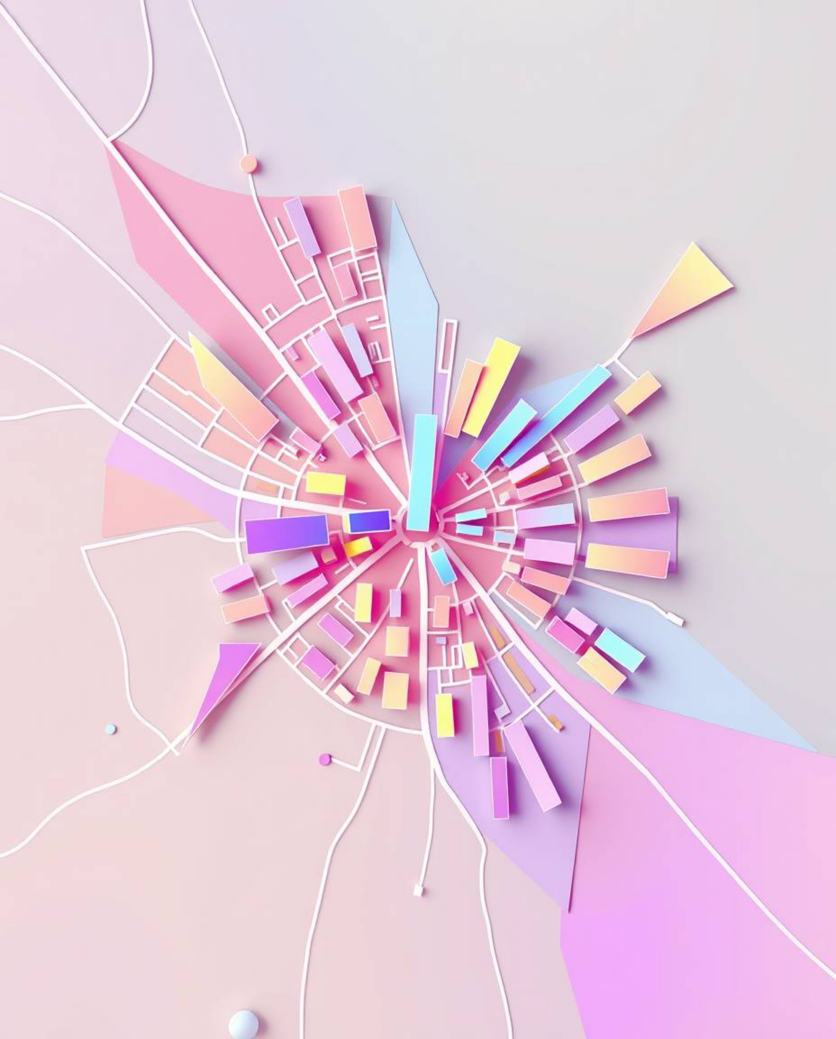 Discover a stunning abstract city map featuring vibrant iridescent colors and simple geometric shapes. This modern flat desig