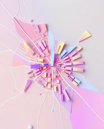 Discover a stunning abstract city map featuring vibrant iridescent colors and simple geometric shapes. This modern flat desig