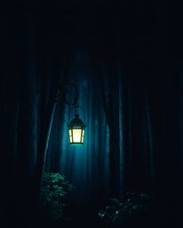 A captivating digital painting depicts a glowing lantern in a dark forest, masterfully rendered with chiaroscuro lighting. Th