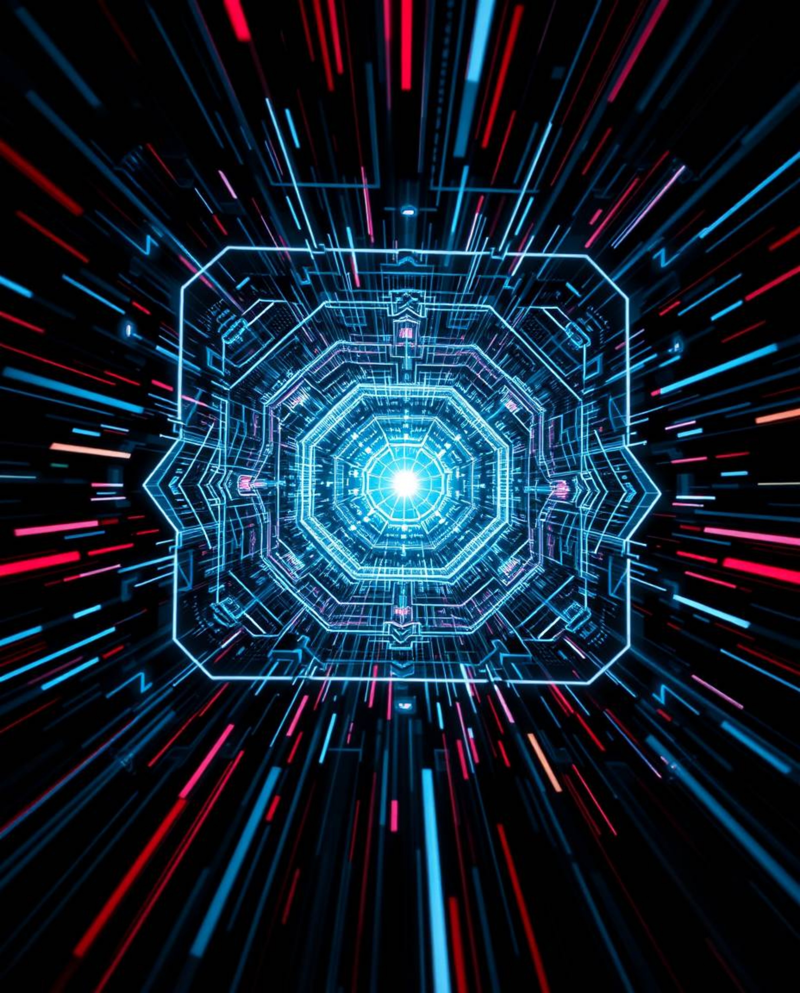 Experience the thrill of a dynamic and intense futuristic digital interface in motion. This artwork features intricate geomet