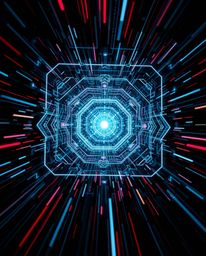 Experience the thrill of a dynamic and intense futuristic digital interface in motion. This artwork features intricate geomet