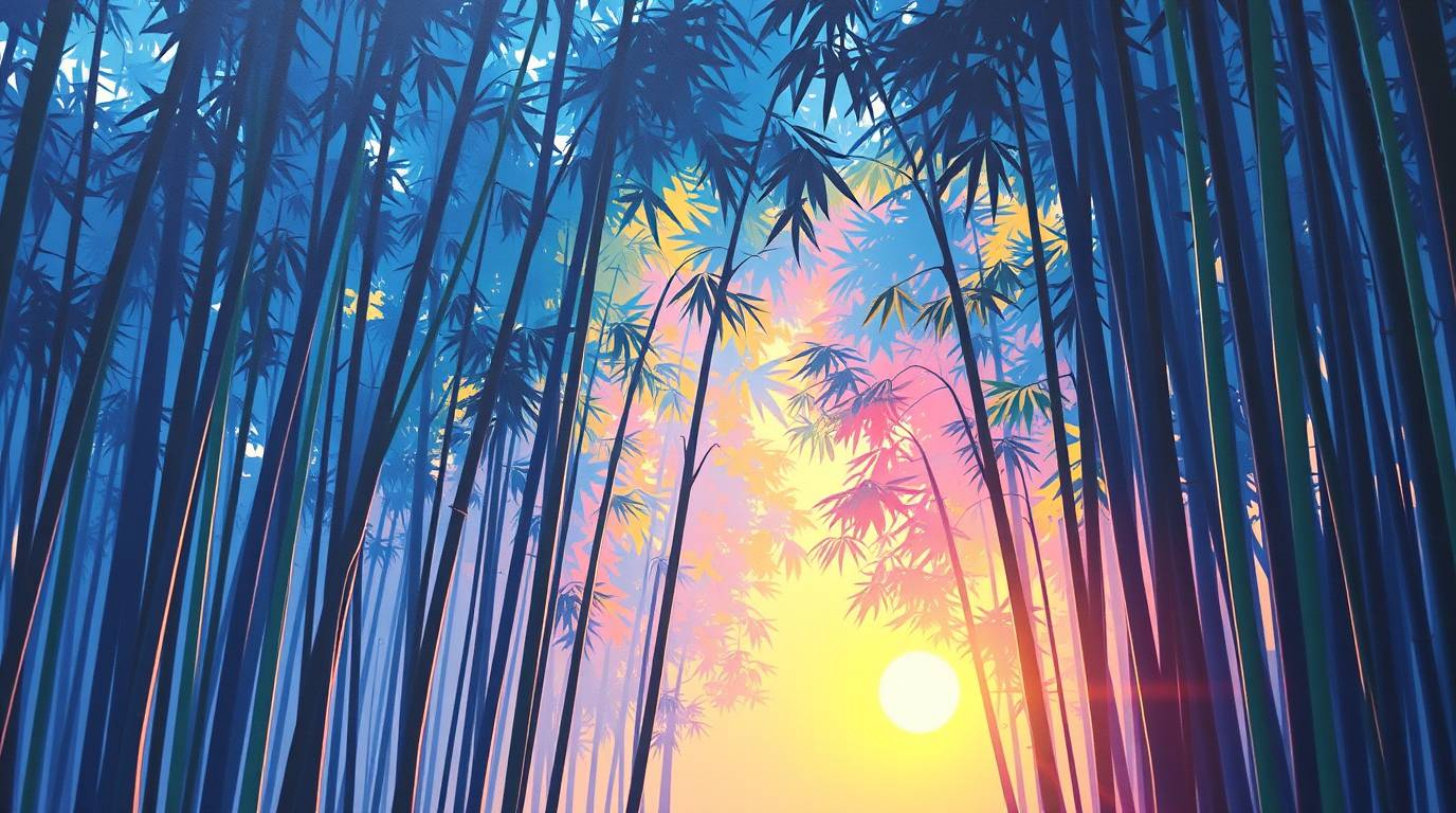 A cool-colored painting depicting a serene bamboo forest bathed in the warm light of a setting sun. The artwork features a ha