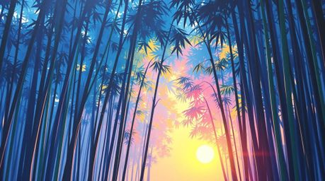 A cool-colored painting depicting a serene bamboo forest bathed in the warm light of a setting sun. The artwork features a ha