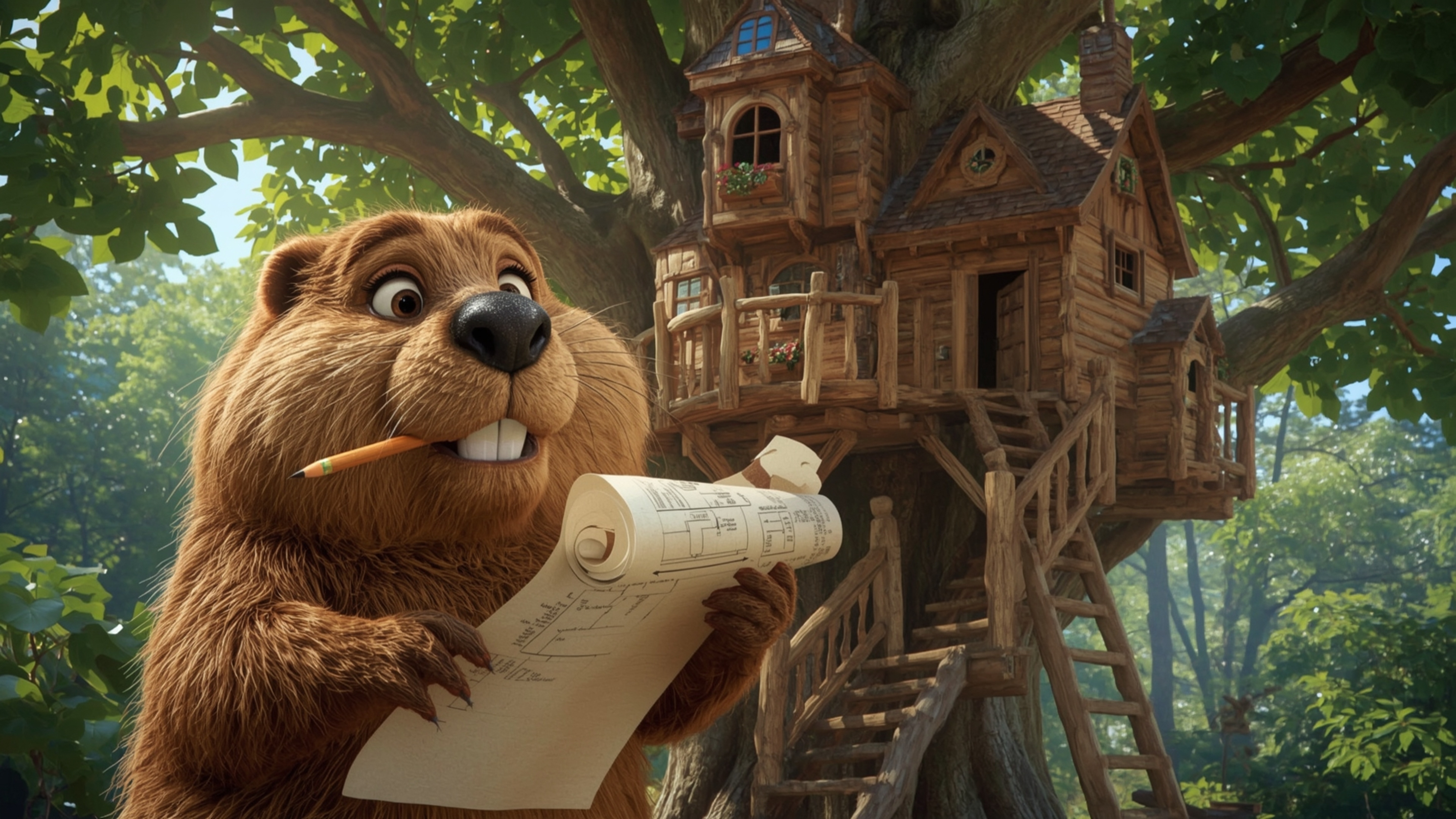 A highly detailed, high-resolution stock photo of a beaver, reminiscent of Pixar's lovable characters, busily constructing th