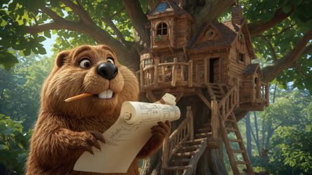 A highly detailed, high-resolution stock photo of a beaver, reminiscent of Pixar's lovable characters, busily constructing th