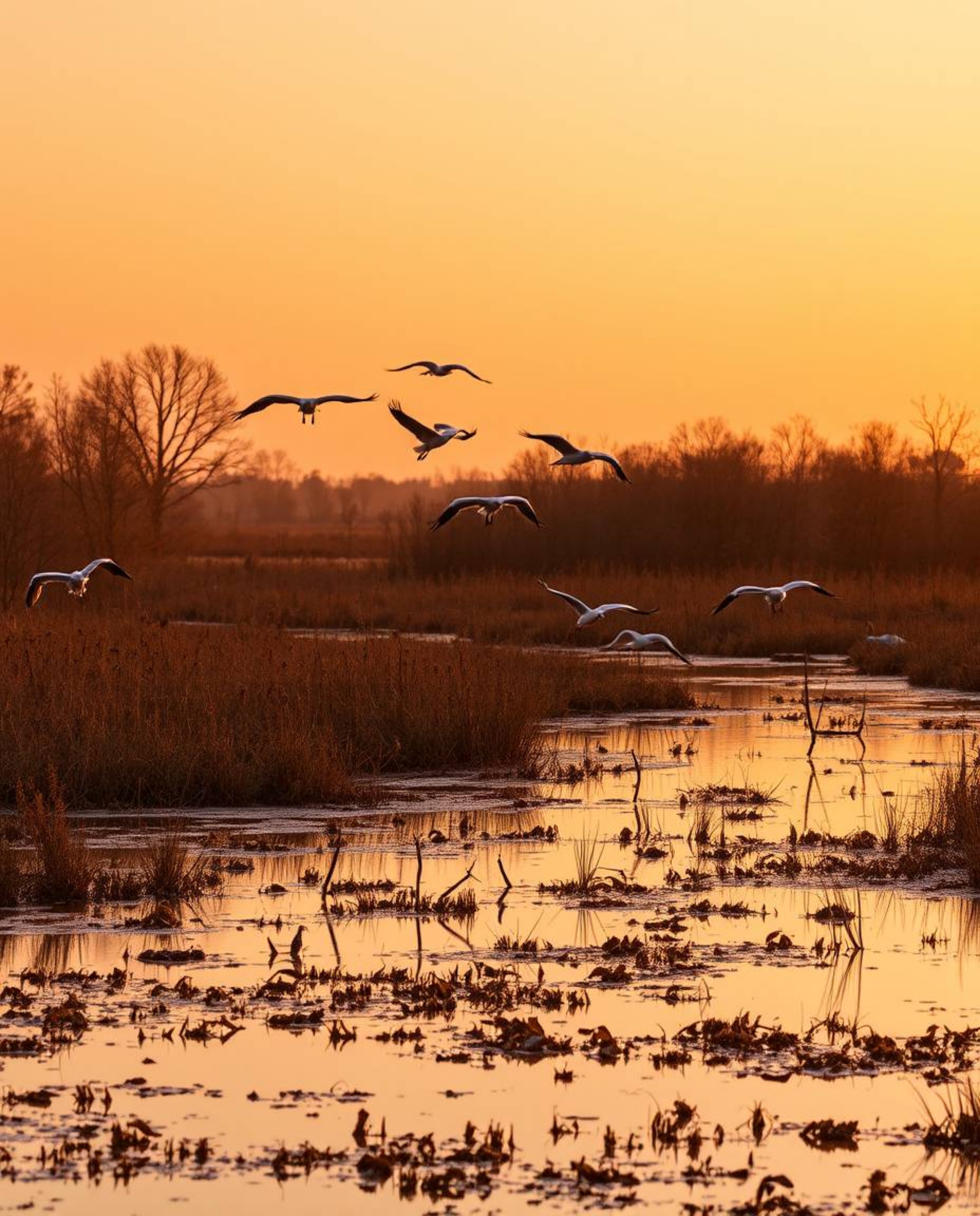 A golden hour wetlands scene with herons flying is beautifully rendered with a seamless gradient transition and smooth color 
