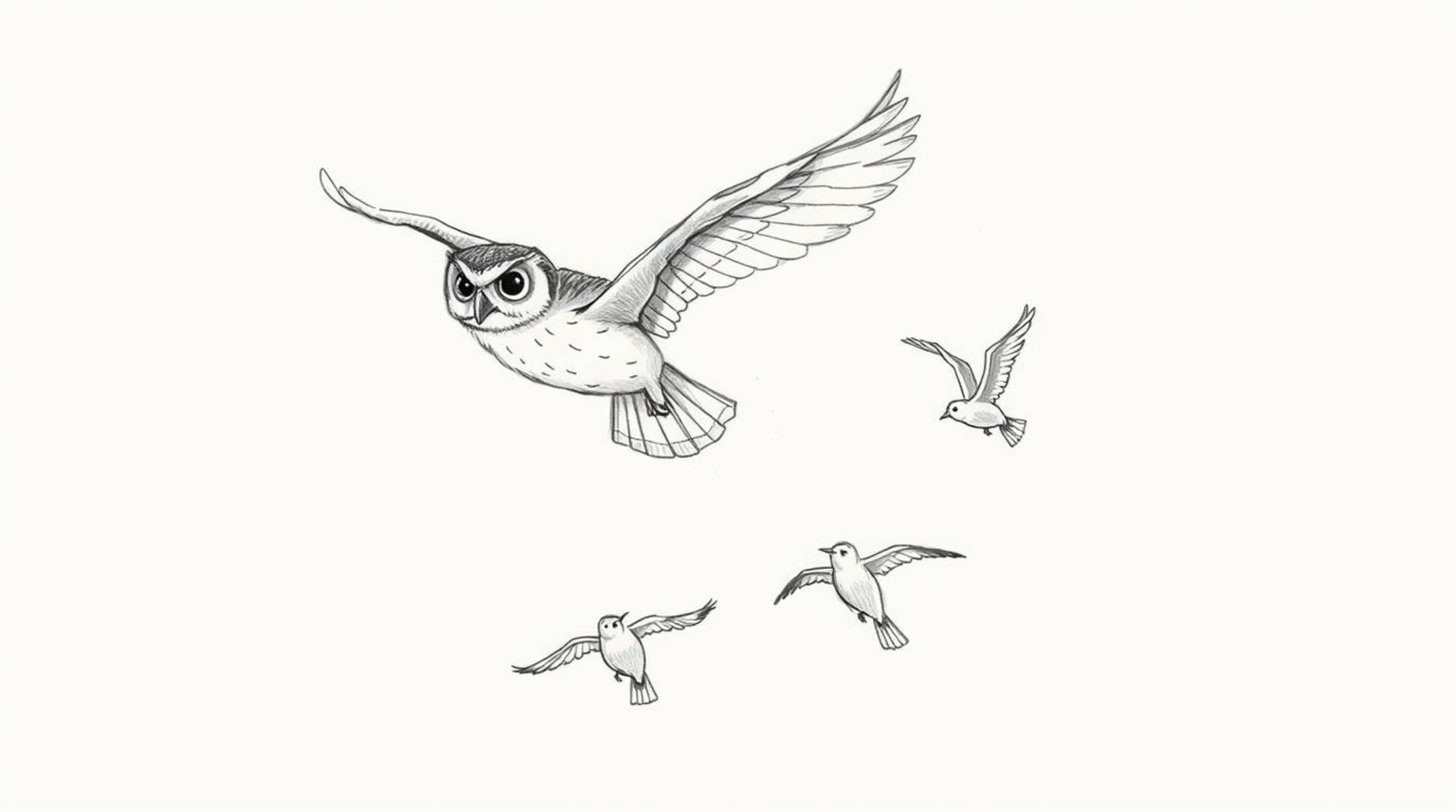 A heartwarming hand-drawn sketch, reminiscent of Pixar animation, depicts a blind owl in mid-flight, selflessly guiding a gro
