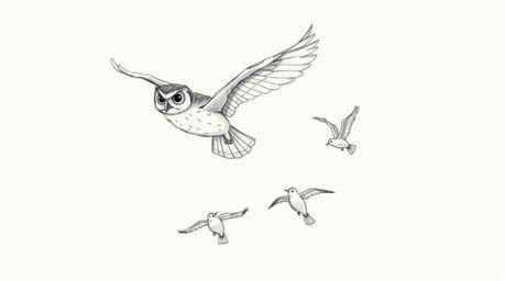 A heartwarming hand-drawn sketch, reminiscent of Pixar animation, depicts a blind owl in mid-flight, selflessly guiding a gro