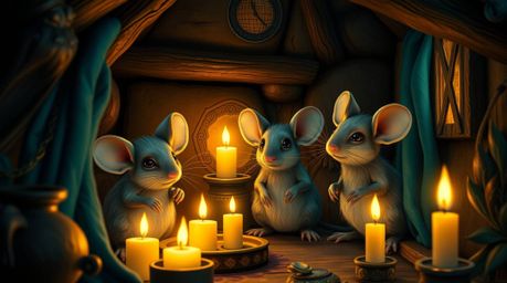 Immerse yourself in a luxurious and vibrant scene featuring anthropomorphic mice enjoying tea in a cozy cottage. Warm candlel