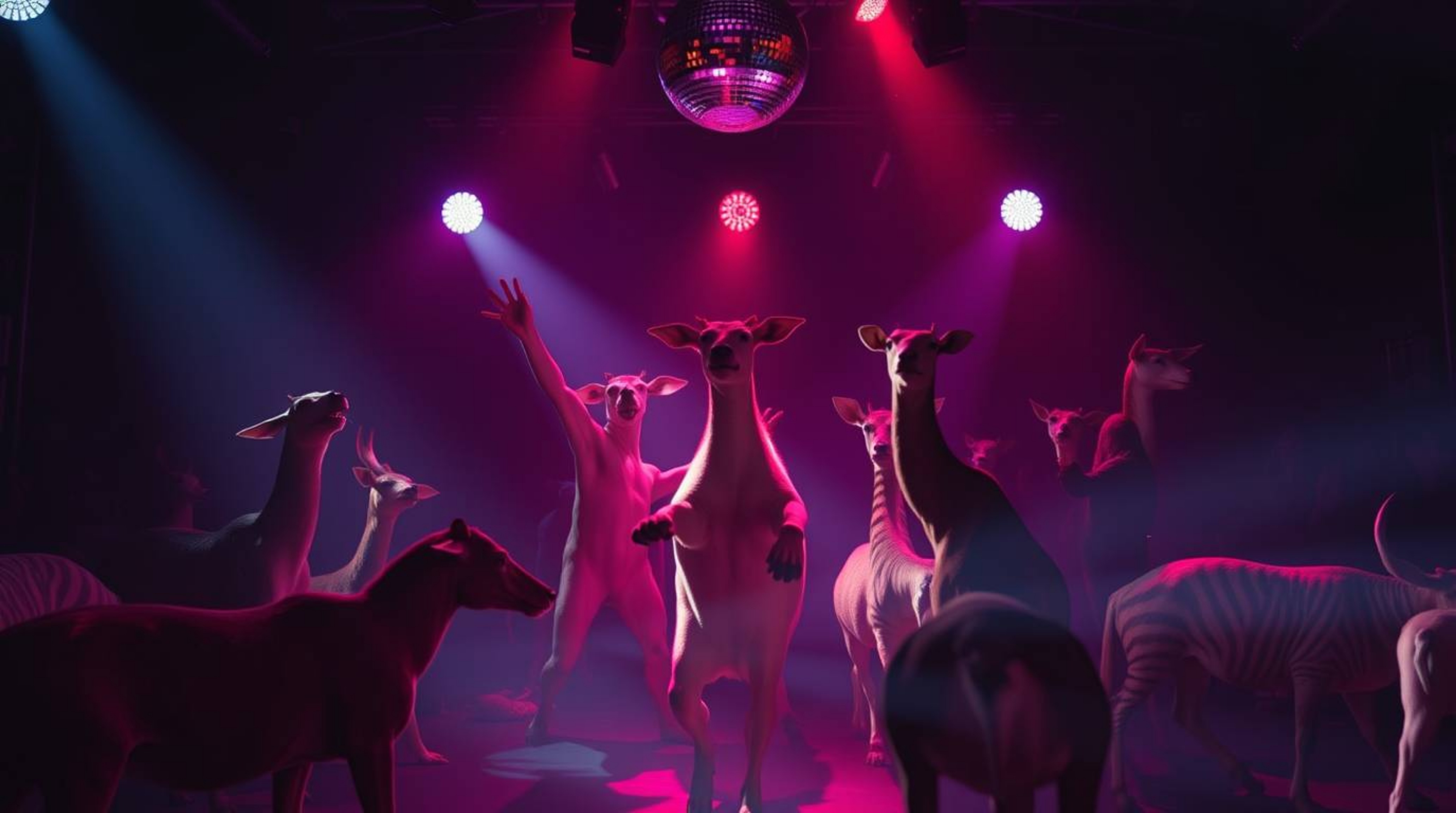 Witness an electrifying animal dance party bathed in vibrant disco lights! High-contrast lighting creates dramatic tension as