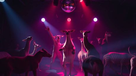 Witness an electrifying animal dance party bathed in vibrant disco lights! High-contrast lighting creates dramatic tension as
