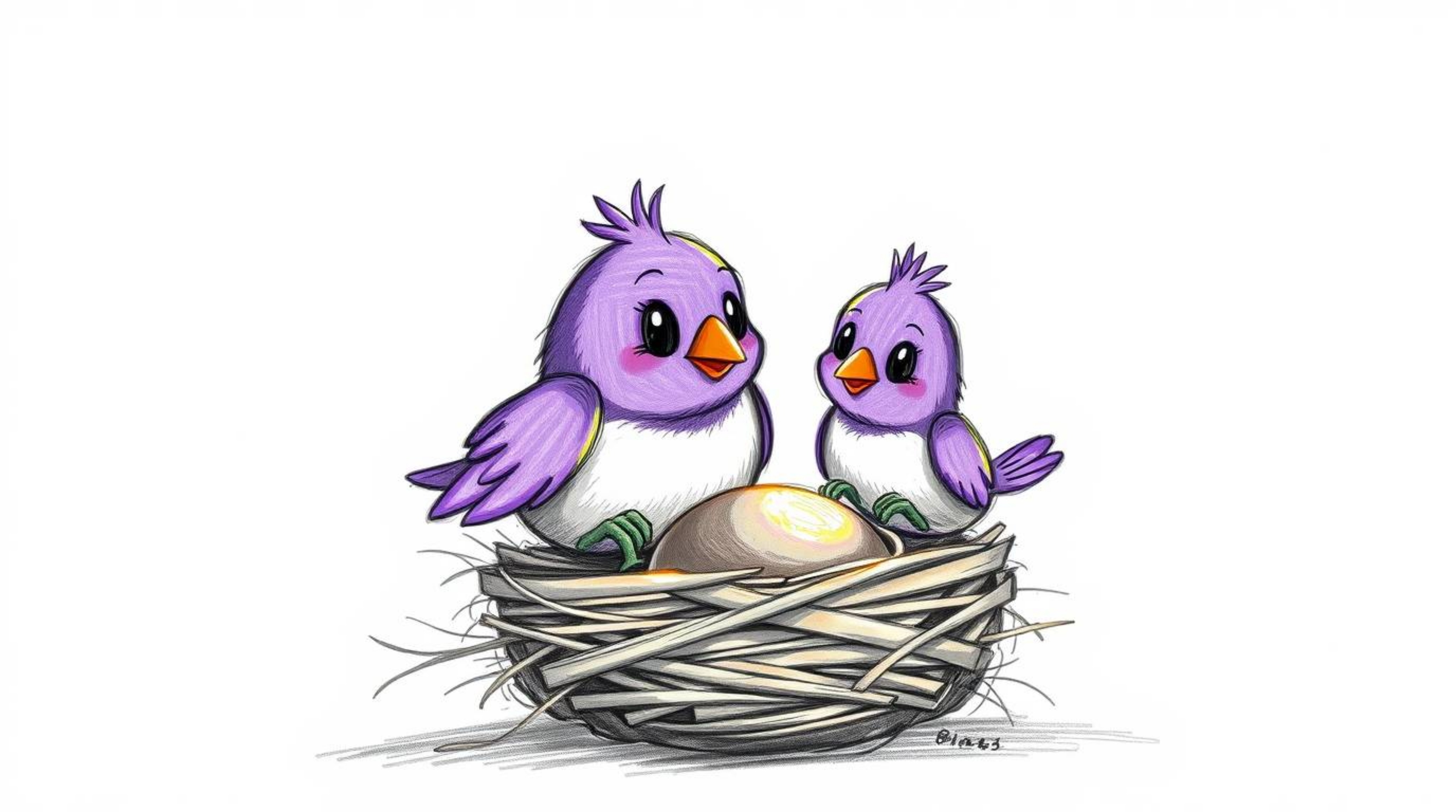 A charming hand-drawn sketch depicts two cartoon birds diligently constructing a nest.  Rendered in a classic animation style
