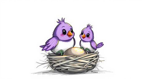 A charming hand-drawn sketch depicts two cartoon birds diligently constructing a nest. Rendered in a classic animation style