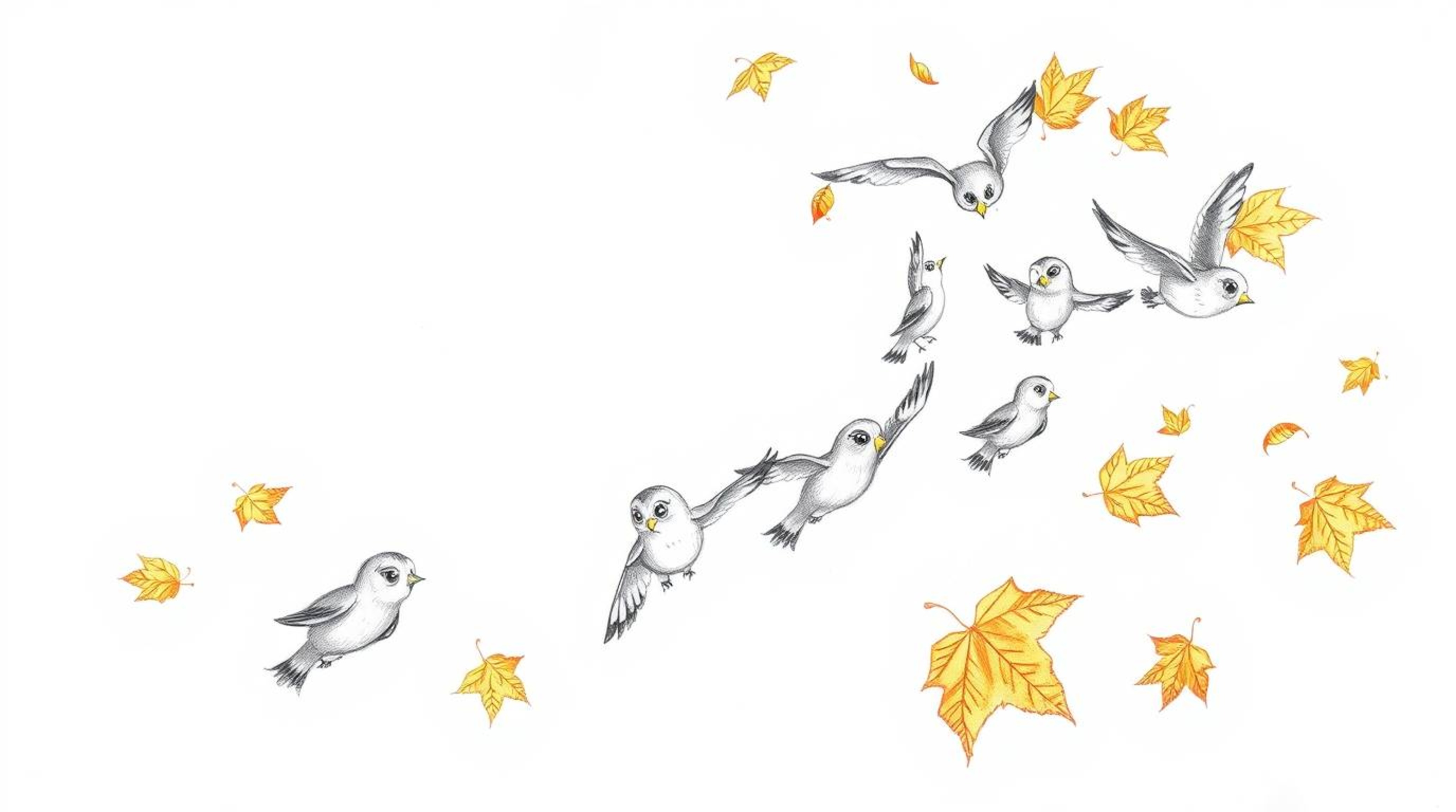 A charming hand-drawn sketch depicts a blind owl with soft, expressive features guiding a spirited group of birds in a spiral