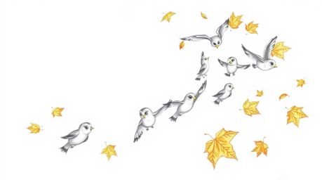 A charming hand-drawn sketch depicts a blind owl with soft, expressive features guiding a spirited group of birds in a spiral