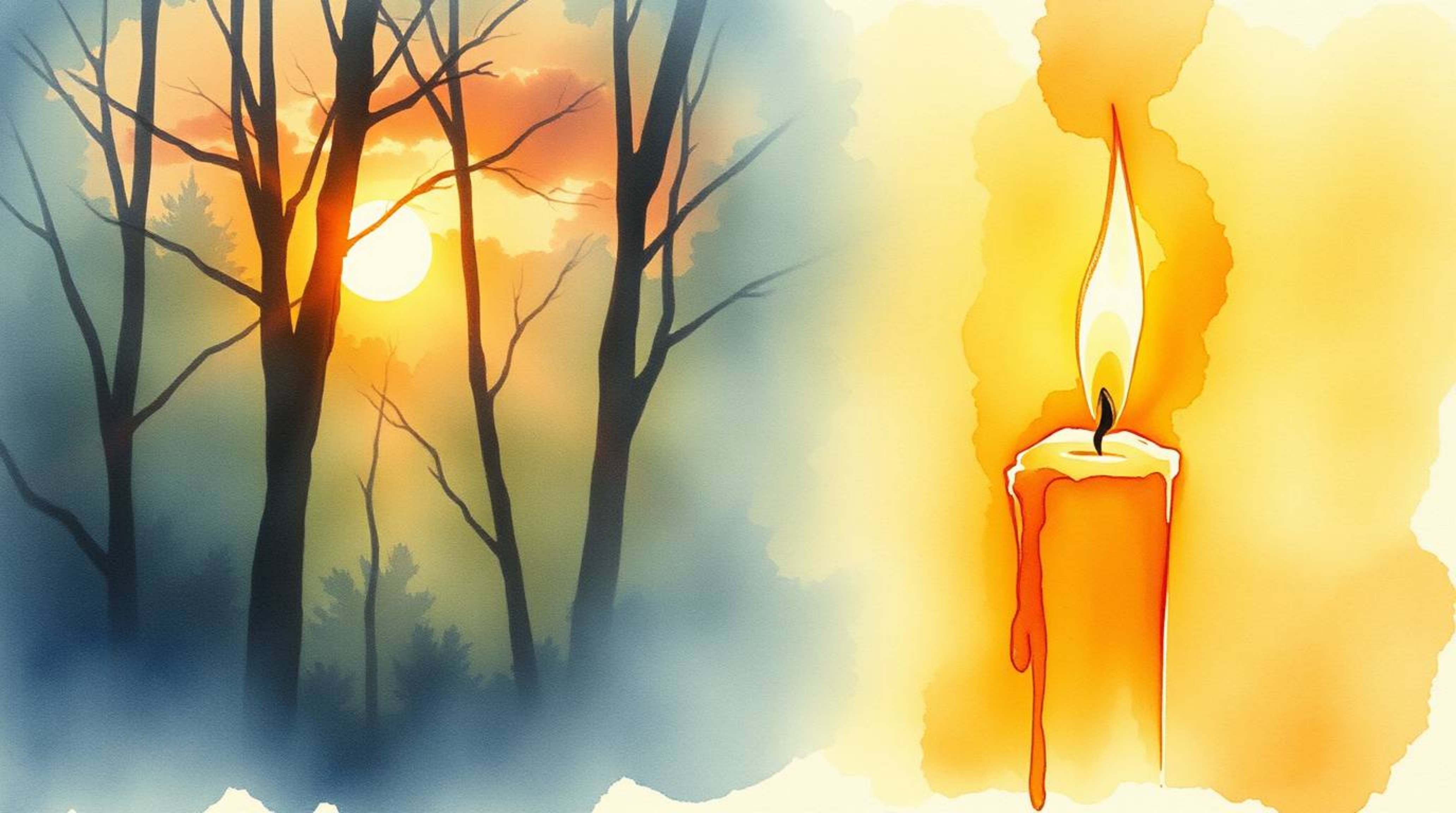 A delicate watercolor painting captures the magical ambiance of sunset light filtering through a dense forest.  Warm candleli