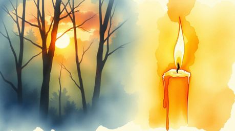 A delicate watercolor painting captures the magical ambiance of sunset light filtering through a dense forest.  Warm candleli