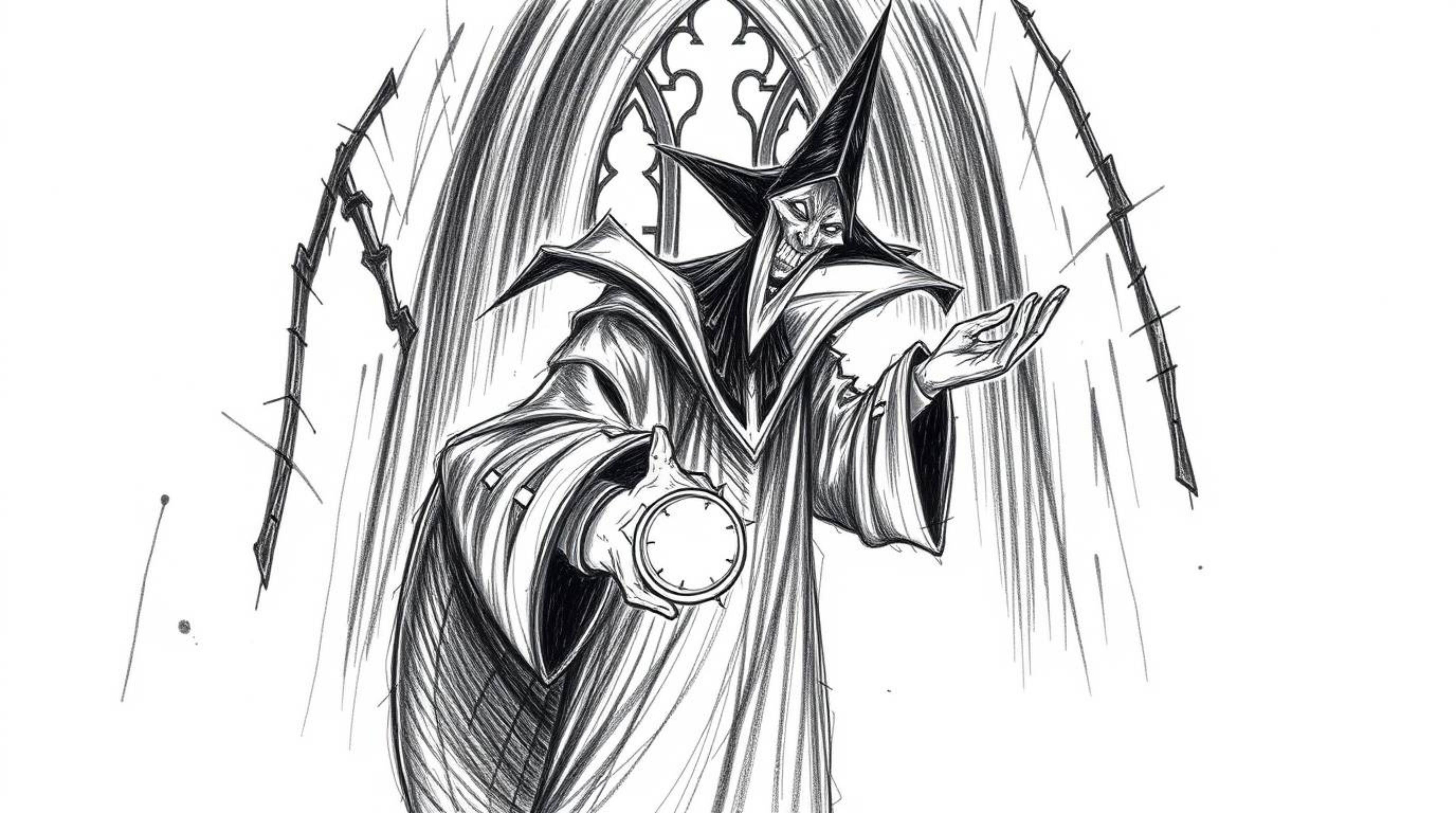 A captivating hand-drawn sketch depicts a classic Disney villain silhouetted against the backlighting of an old castle, casti