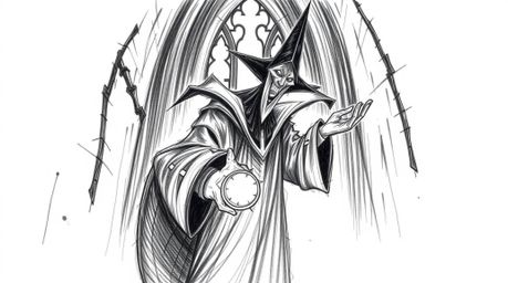 A captivating hand-drawn sketch depicts a classic Disney villain silhouetted against the backlighting of an old castle, casti
