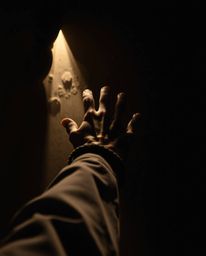 Explore a captivating image featuring a hand reaching towards light from darkness, rendered in a dramatic cinematic style.  T