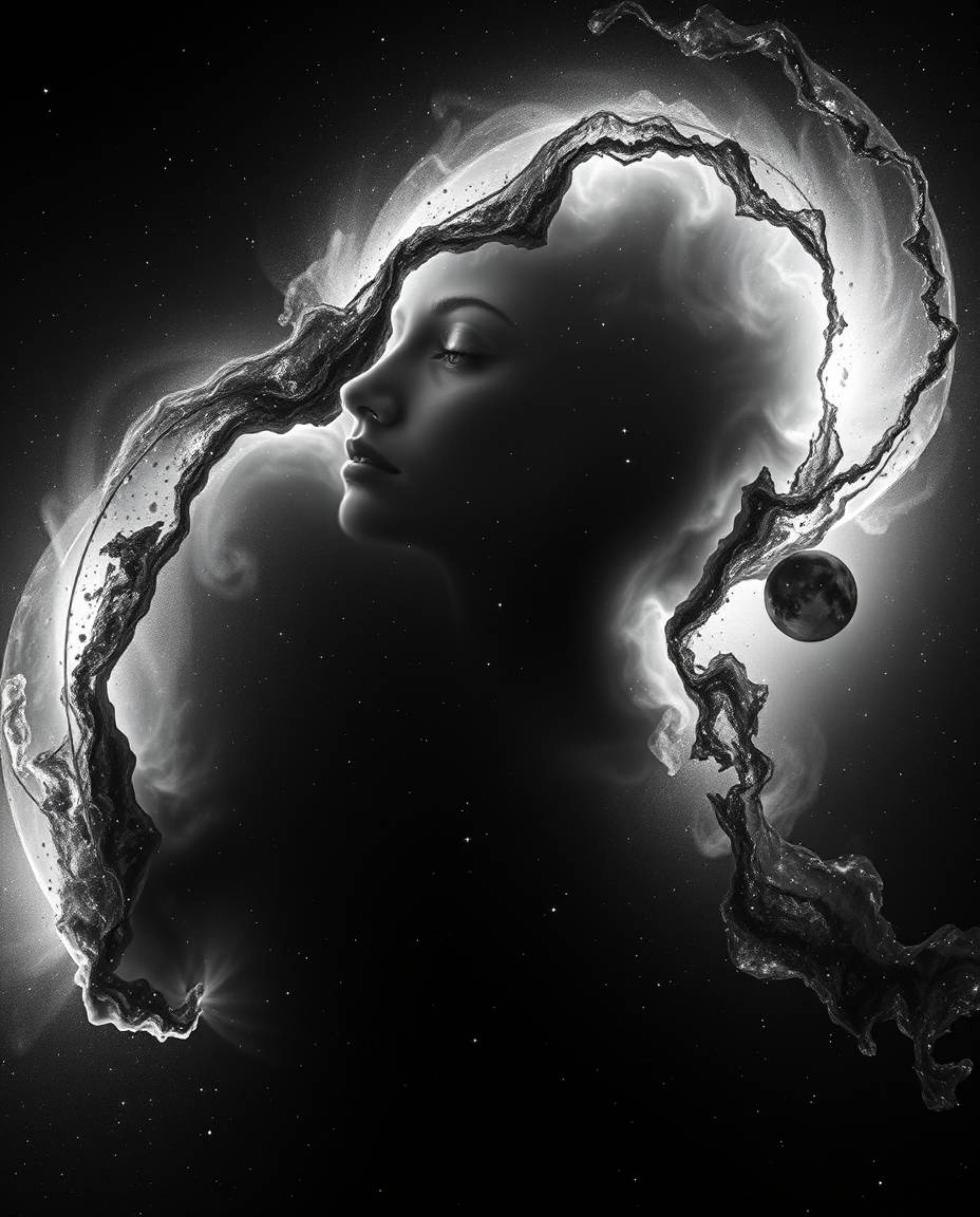 Experience the breathtaking beauty of colliding galaxies captured in timeless black and white.  This image showcases the dram